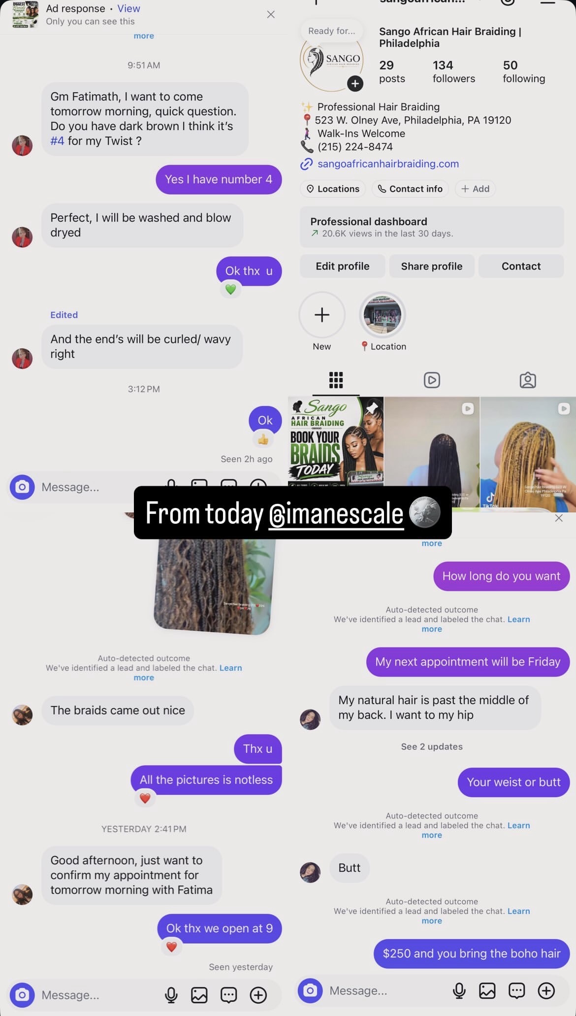 Real appointment conversations and Instagram results from a hair braiding client